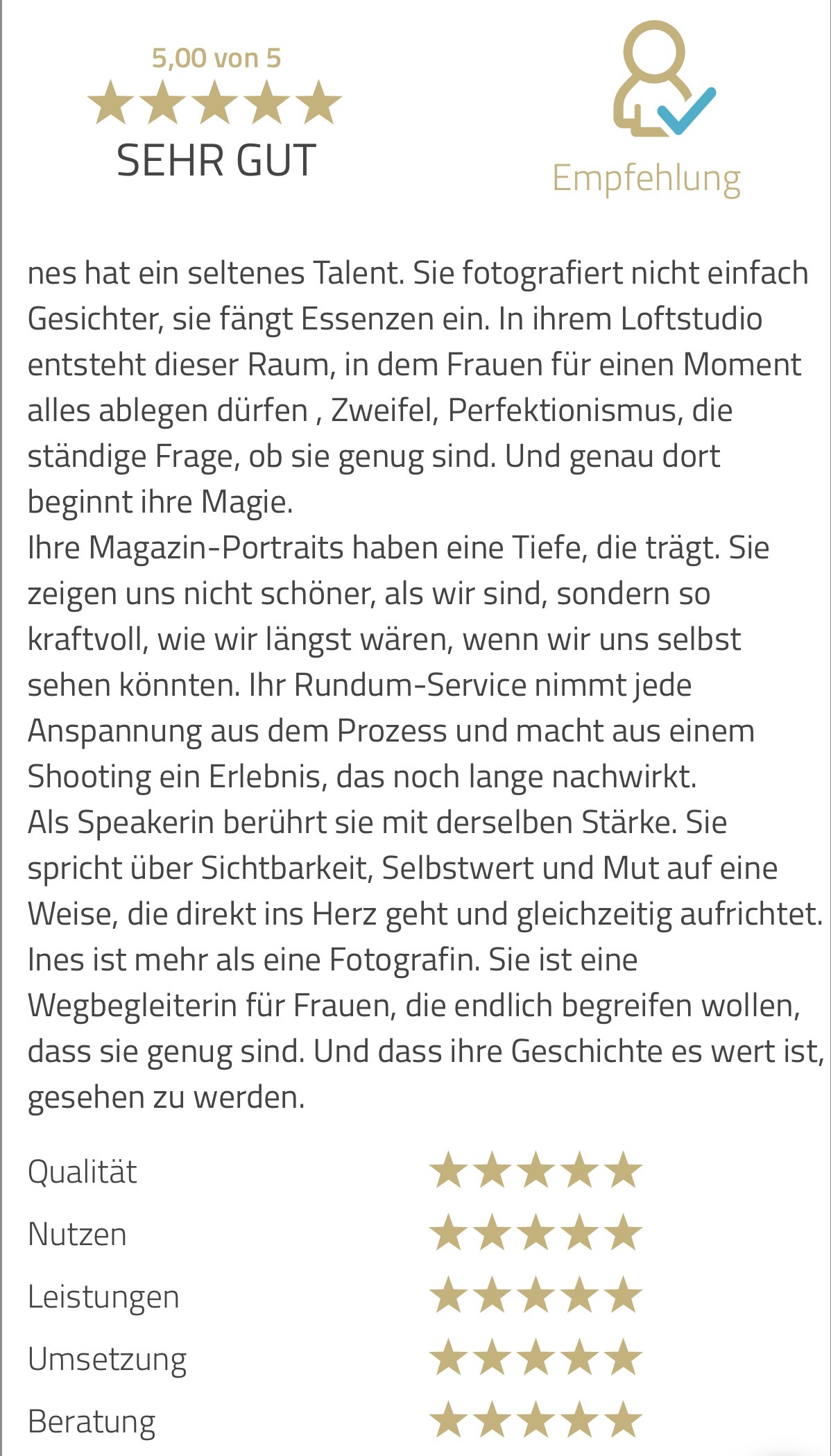 5,00 von 5 – „Ines hat ein seltenes Talent… Wegbegleiterin für Frauen.“